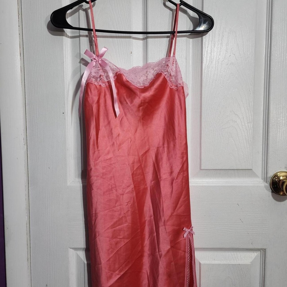 Vintage Coral Pink Satin Lace Slip
